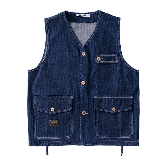 Chaleco vaquero elegante sin mangas con bolsillos vintage de algodón para citas - Azul L (66,9 pulgadas, 60 kg)