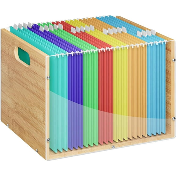 Clear Acrylic File Box Organizer, Bamboo Hanging Folder Storage Boxes, Filing Crate Bin Holder with Handle for Home Office Desk, Letter Size