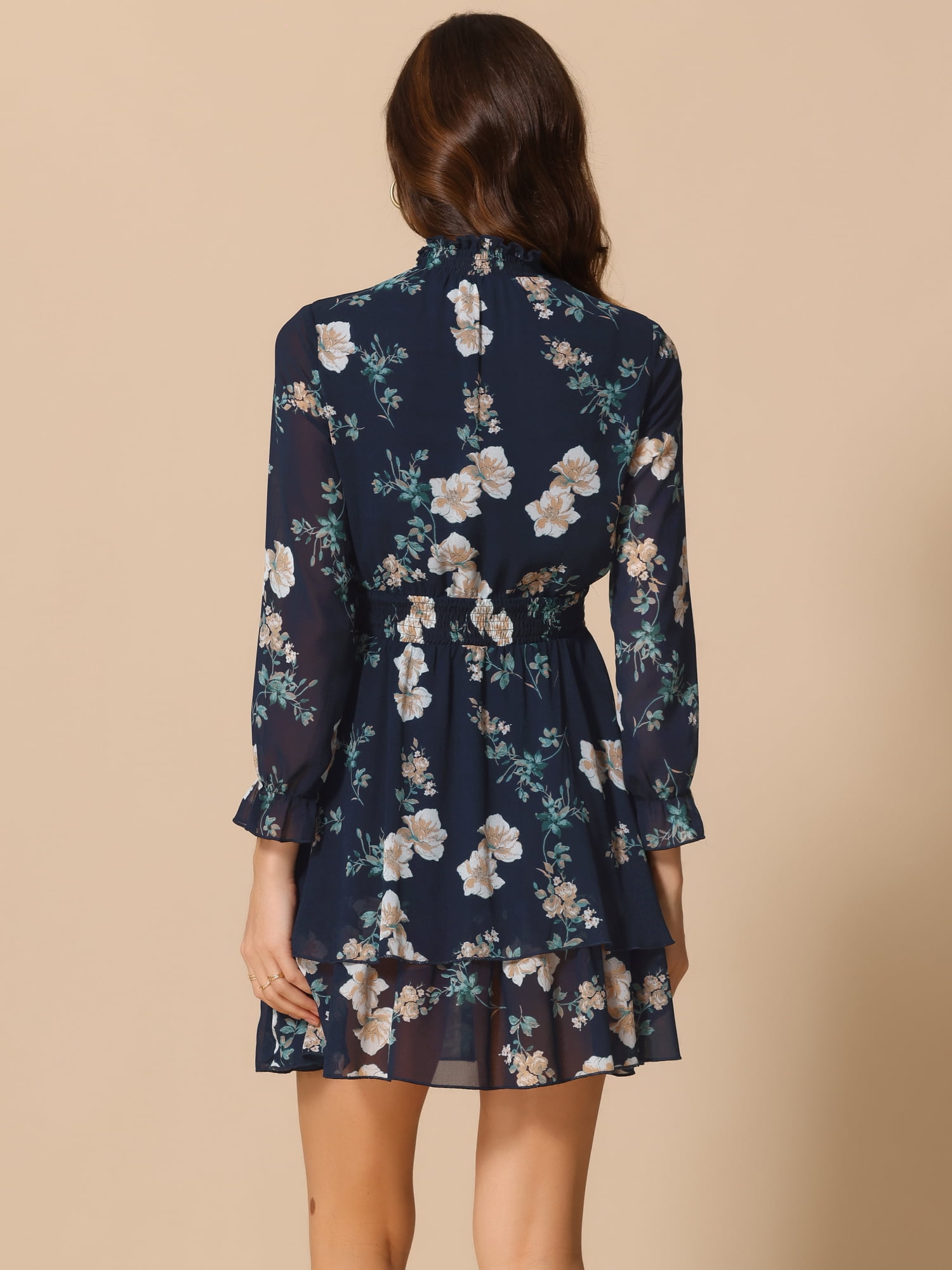 DARING DIVA Women's Floral Ruffle Trim Layered Dresses L Deep Blue