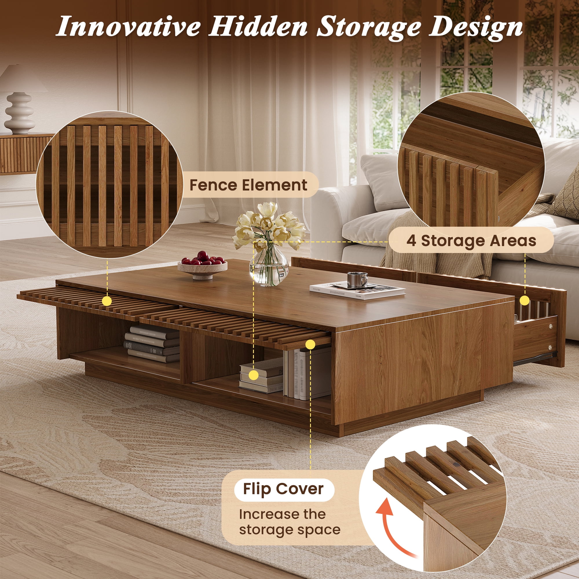 47.2x23.6-Inch Rectangular Coffee Table with Slatted Storage Drawers, Low Profile Mid-Century Center Table and Cocktail Table for Living Room, Walnut