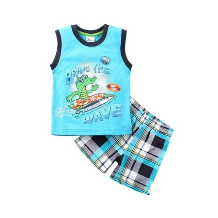 

Little Boys Outfit Sleeveless Round Collar Printing Top Plaid Shorts