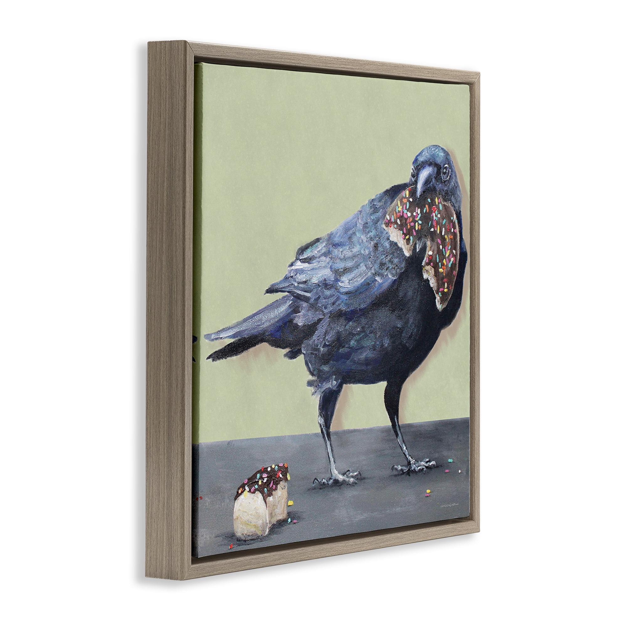 Stupell Industries Crow Eating Donut Food & Beverage Painting Brown Floater Framed Canvas Art Print Wall Art, 25 x 25