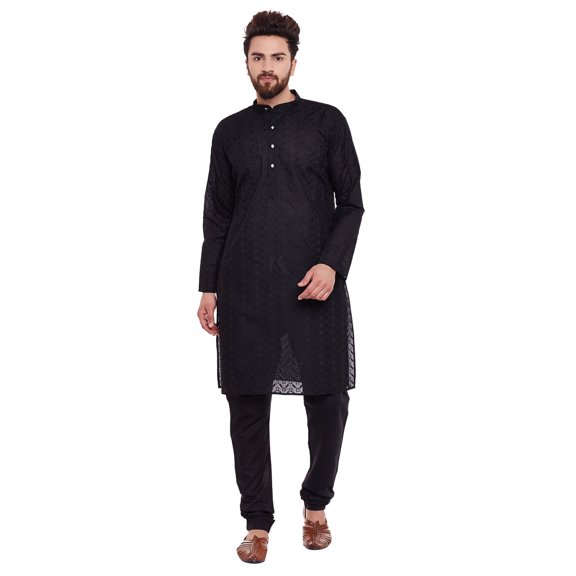 Sojanya (Since 1958) Silk Chikankari Kurta & Churidaar Pyjama Large Black