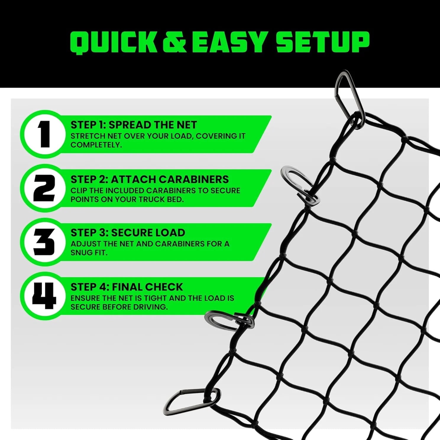 Rhino USA Double Thick Heavy Duty Bungee Cargo Net with 6 Metal Carabiners and Storage Bag