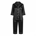 thumbnail image 5 of AKOEE Satin Capri Pajamas for Women 2 Piece Sets Soft 3/4 Sleeve Button Up Shirt Capris Pant Lounge Sleepwear (L, Black), 5 of 8