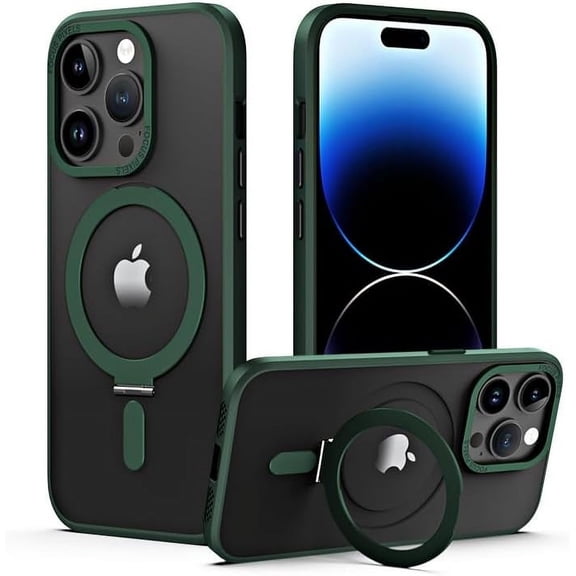 Magnetic Series Designed for iPhone Case,Wireless Charging Compatible,Military Drop&Metal Camera Protection,Ring Stand Holder Kickstand Clear Transparent Cover (Green,iPhone 14 Pro Max)