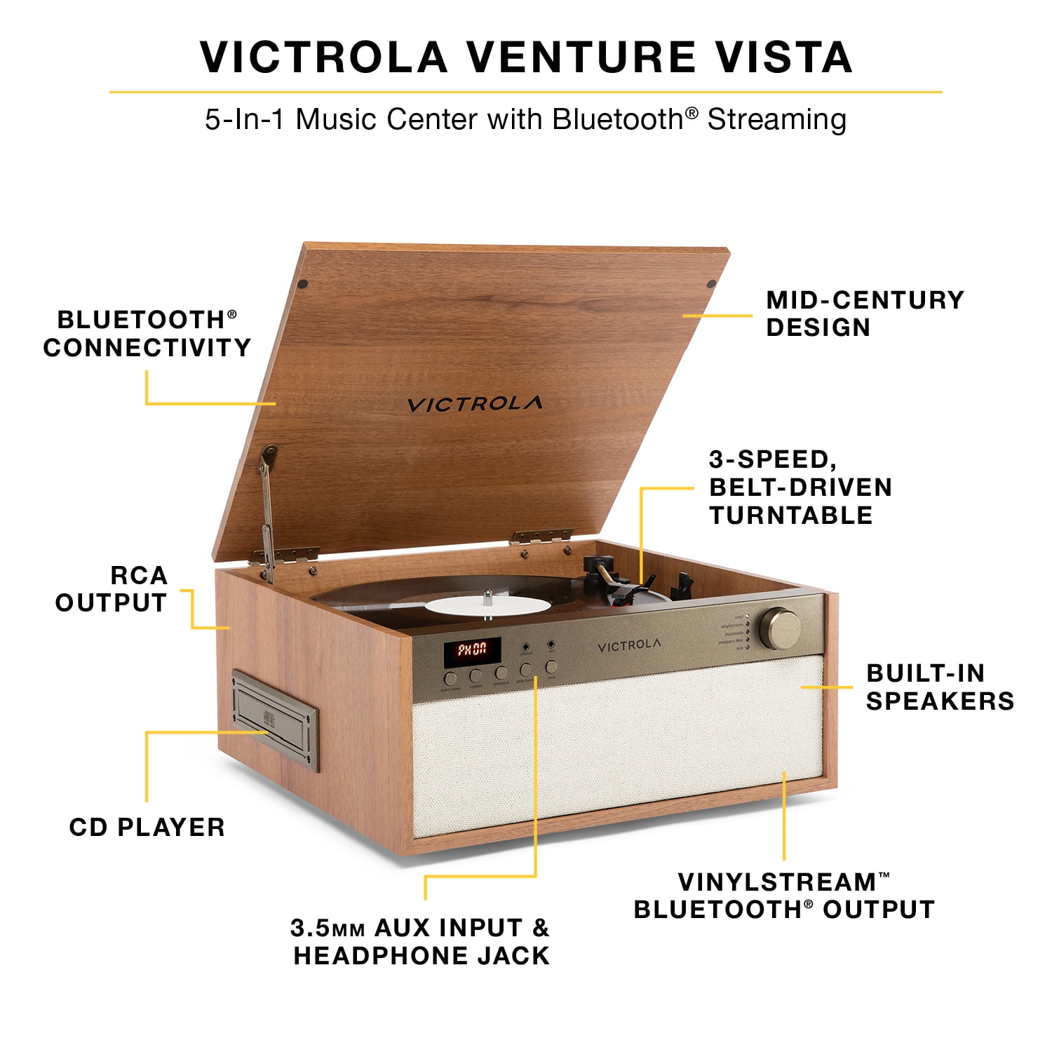 Victrola Venture Vista - 5-in-1 Record Player: Turntable, CD Player, Bluetooth, and VINYLSTREAM