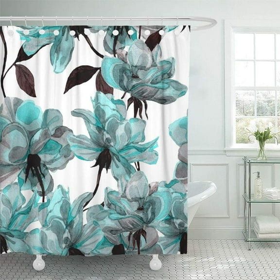 72"x72" Aqua Shower Curtain Waterproof Blue Flower Floral Teal Pattern with Roses Watercolor Colorful Abstract Arrangement Black Home Decor Polyester Fabric Adjustable Hook Set