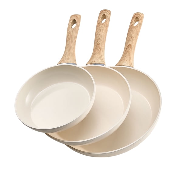 VEVOR Frying Pan Skillet, Aluminum Egg Fry Pans, 3 Piece (8, 9.5, 11 in), Nonsitck Ceramic Heavy-Duty Skillets with Heat-Resistant Handle, Chef's Kitchen Cookware for Gas, Electric, Induction, Beige