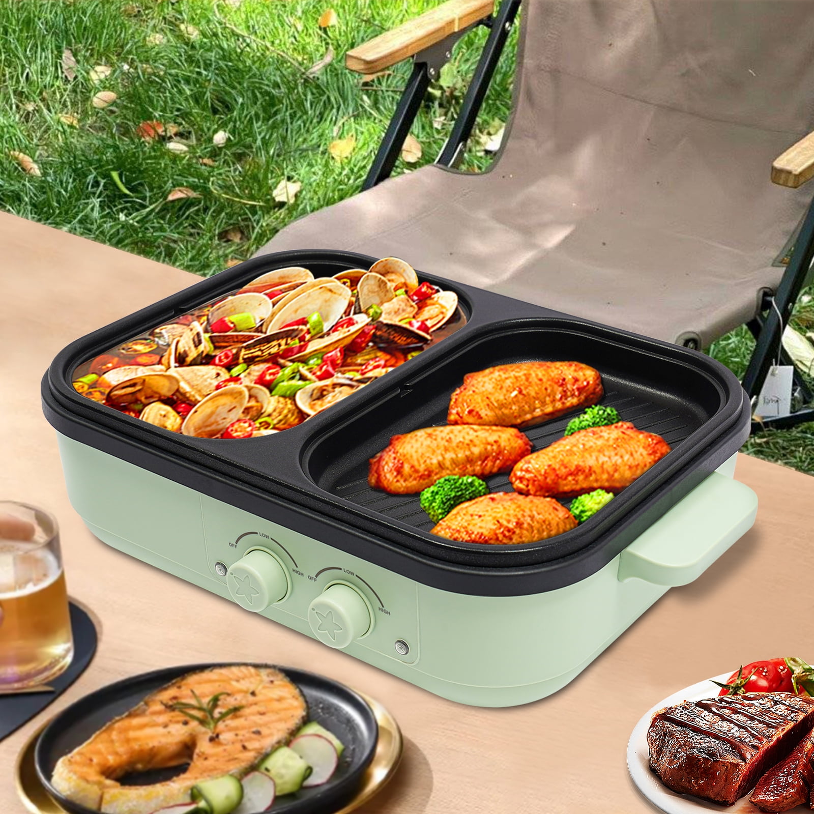 Miumaeov Mini 2-IN-1 Electric Hot Pot BBQ Grill Kitchen Smokeless Shabu Cooking Pan Nonstick Griddle 110V