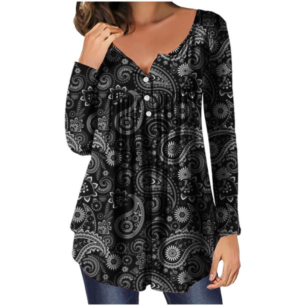 Puntoco - Camiseta informal con cuello en V para mujer, estampado retro, manga larga, jersey recreativo, camisetas de manga larga Puntoco Puntoco-5132