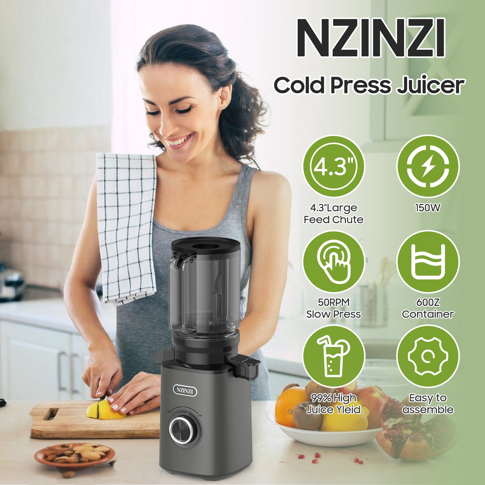 NZINZI 50-Speed Juice Press Electric Juicer, Gray