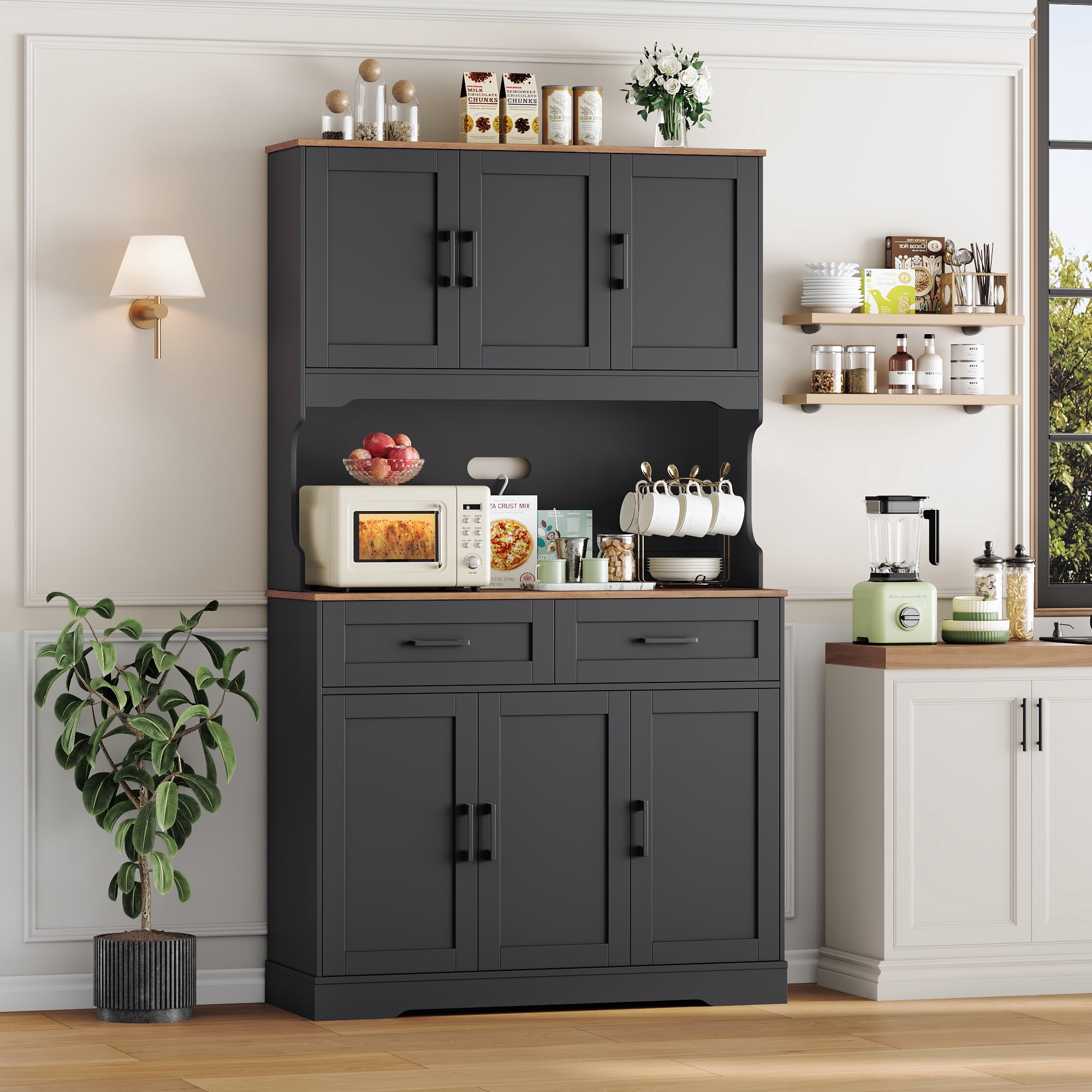 Homfa 74"H Pantry Cabinet with Hutch, Tall Kitchen Storage Cabinet with Microwave Stand and Drawers for Living Room, Dining Room, Black