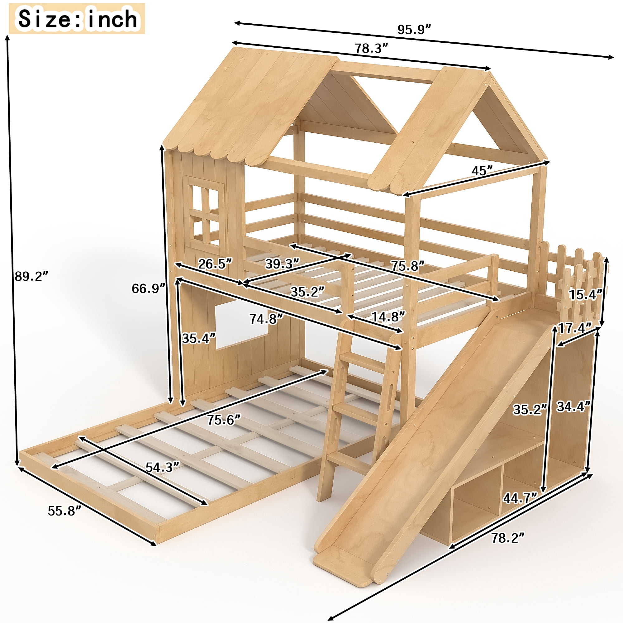 Twin over Full House Bunk Bed with Slide & Ladder, Wood Playhouse Bunk Bed with Storage Shelves & Wardrobe, Floor Bunk Bed for All Ages, Natural