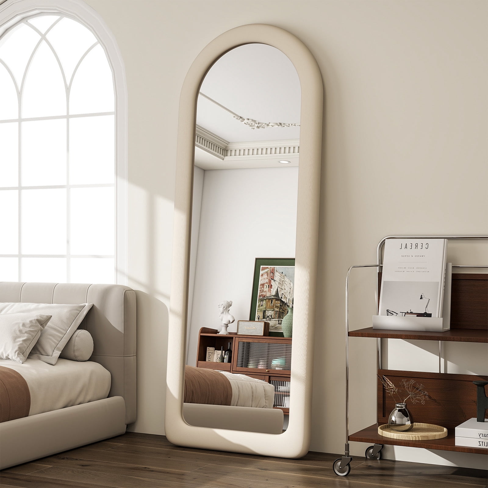 Anyrose 63"x24" Arch-Top Floor Mirror Round-Edge With Thick Flannel Frame, White