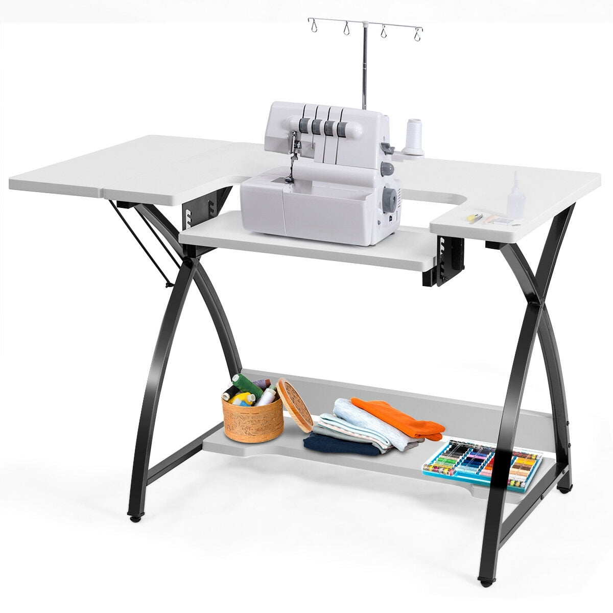 Specialized Sewing Machine Shelf Adjustable Height 46-Inch Sewing Craft Table Ideal for Home Indoor Use Enlarged Cutting Space Sturdy Multifunctional Computer Desk with Storage 