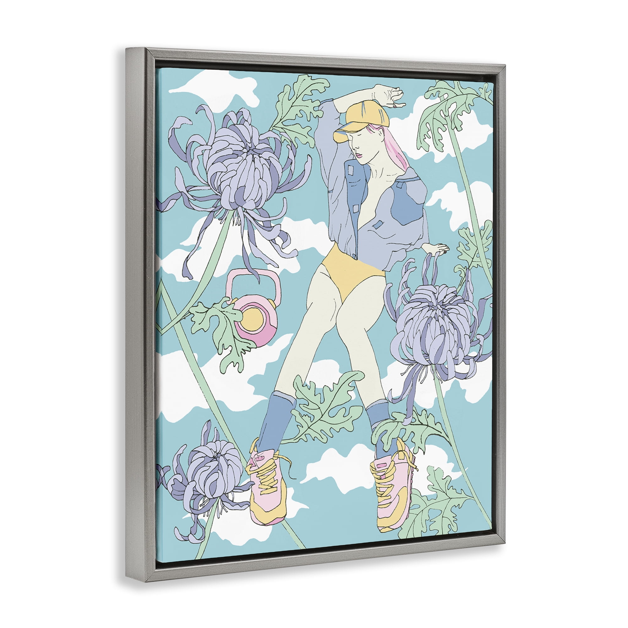 Stupell Industries Weight Trainer & Chrysanthemums People Painting Gray Floater Framed Canvas Art Print Wall Art, 17 x 21