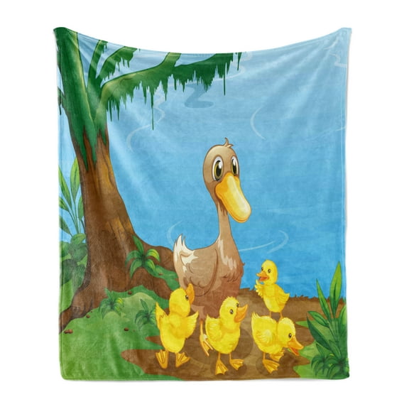 Duck Soft Flannel Fleece Throw Blanket, Illustration of Duck and Her Ducklings at Riverbank Tree and Grass Cartoon Style, Cozy Plush for Indoor and Outdoor Use, 60" x 80", Multicolor, by Ambesonne