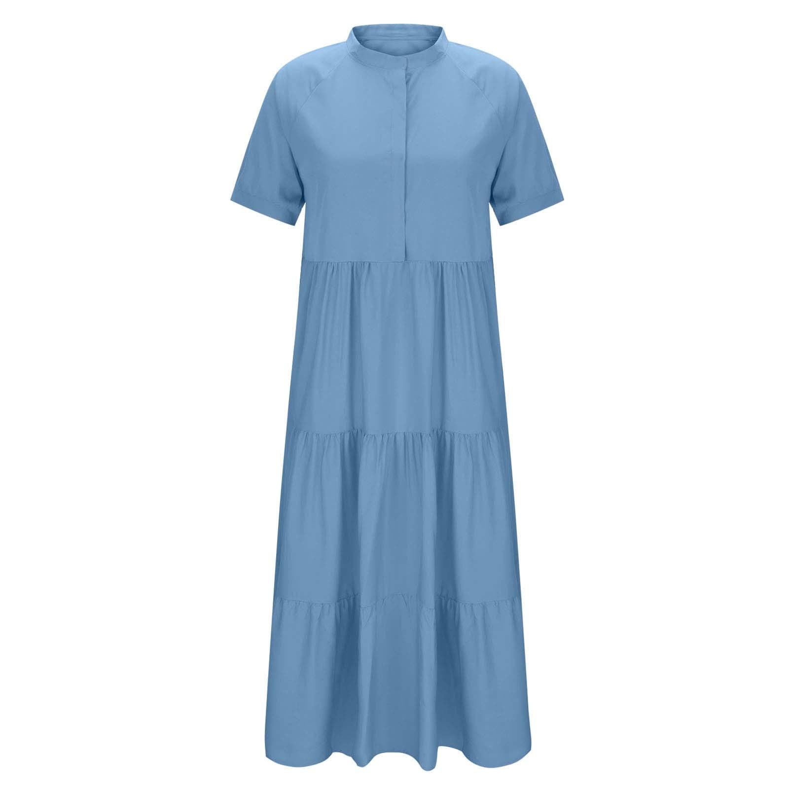 Sentmoon Party Dress Comfy 2026 Solid Color Casual Summer Dresses for Women Short Sleeve V Neck Button Down Bohemian Pleated Breathable Regular Fit Sundresses for Women