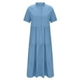 thumbnail image 4 of asdoklhq Long Dresses for Women Short Sleeve Spring Women's Fashion Casual Solid Color Button Fold Summer Short Sleeve V-Neck Dress Blue L, 4 of 7