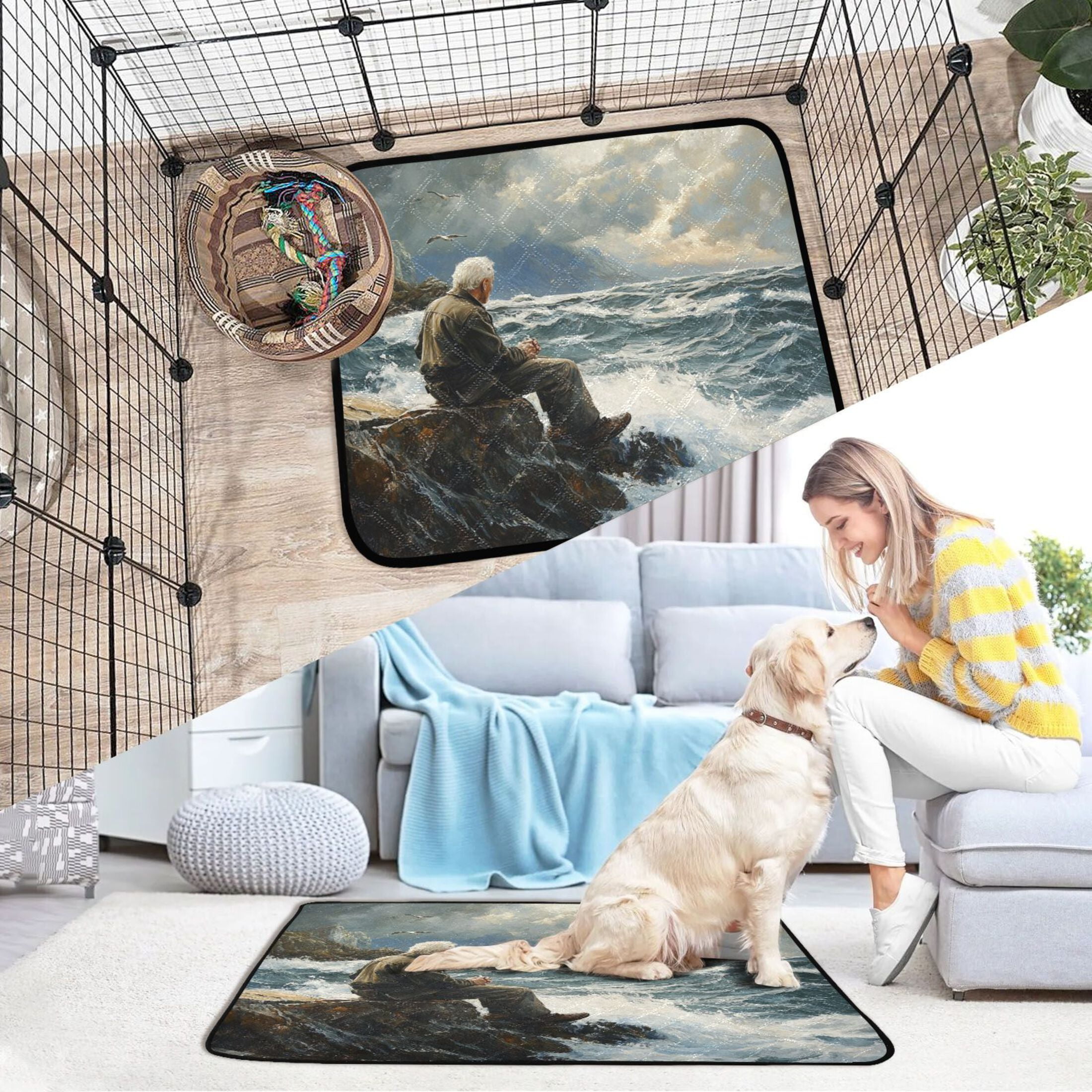 Qxltty The Old Man and The Sea Cat litter Pads Pet Set of 3 Diaper Mats Center Anti-leakage Layer Absorbent Soft and Comfortable