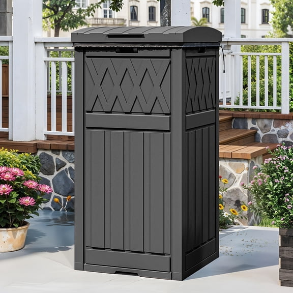 Uforic 31 Gallon Large Outdoor Trash Bin, Waterproof Resin Garbage Can with Lid & Drip Tray, Waste Container,for Porch, Backyard, Black