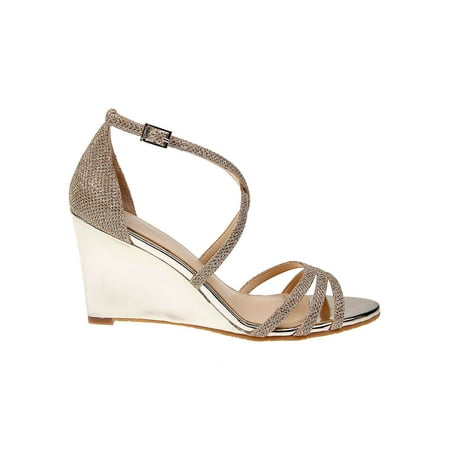 JEWEL BADGLEY MISCHKA Womens Gold Gold Glitter Upper Stretch Gore Cushioned Strappy Hunt Open Toe Wedge Buckle Dress Sandals 9 M