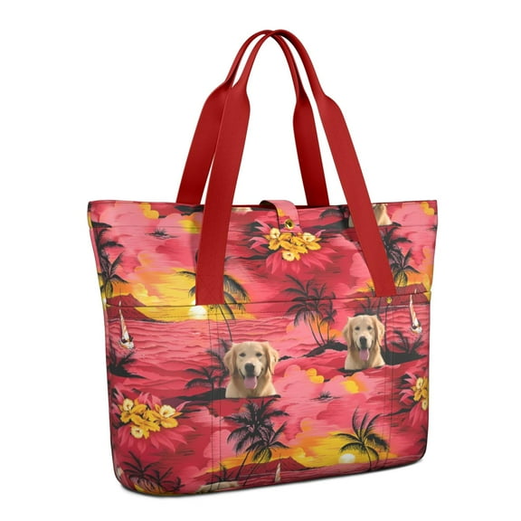 Tote Bag for Women - Golden Retriever Hawaiian Shoulder Bag - Large Utility Work Duffle Bag with Zipper Handbag for Travel, Work, Sprots