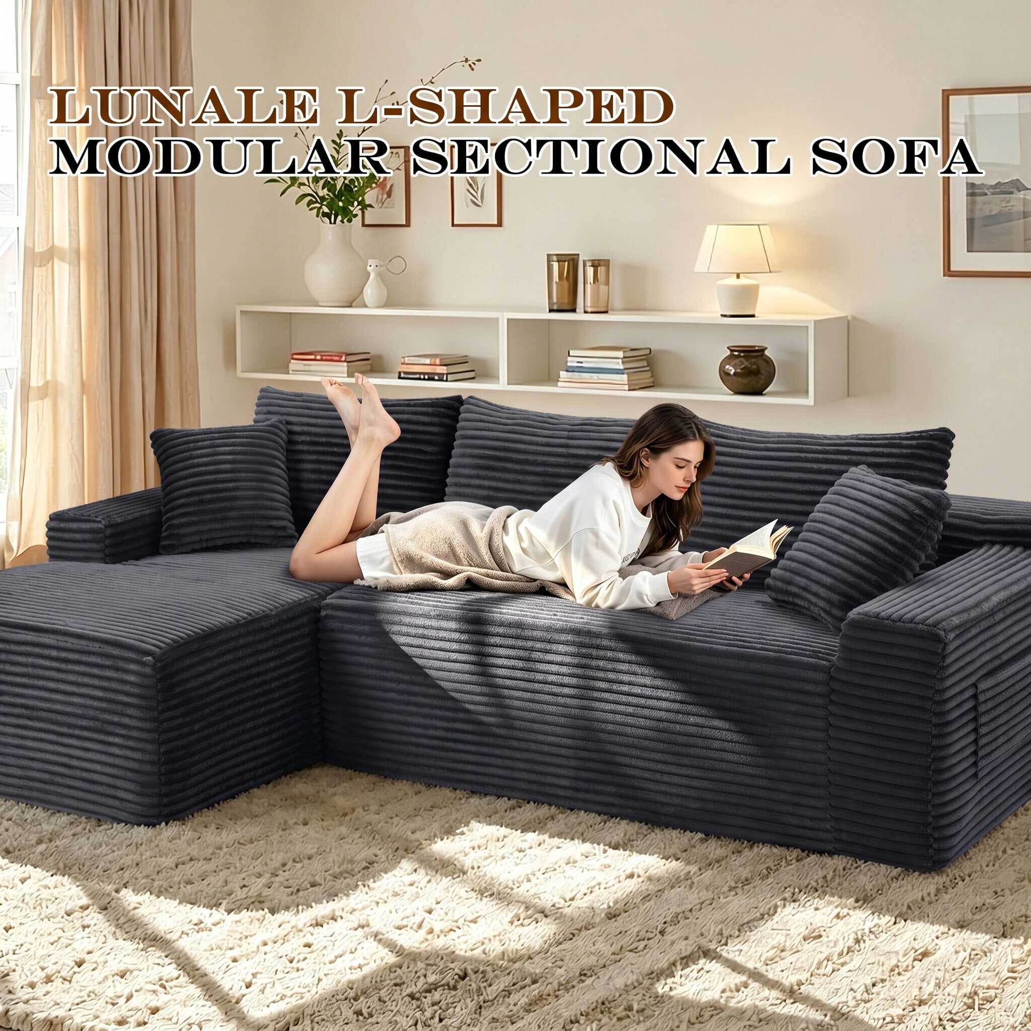 Lunale Small Modular Sectional Sofa with Movable Chaise, L-Shaped Boneless Cloud Couch for Living Room, Gray (Left Facing Chaise)