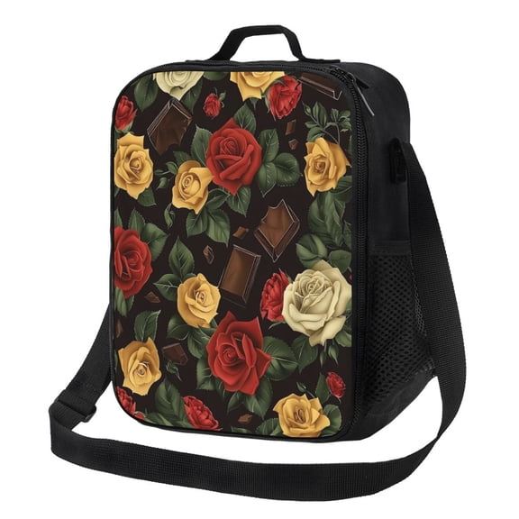 Rose Lunch Bag Insulated Thermal Box with Shoulder Strap & Handle for Work and Picnic