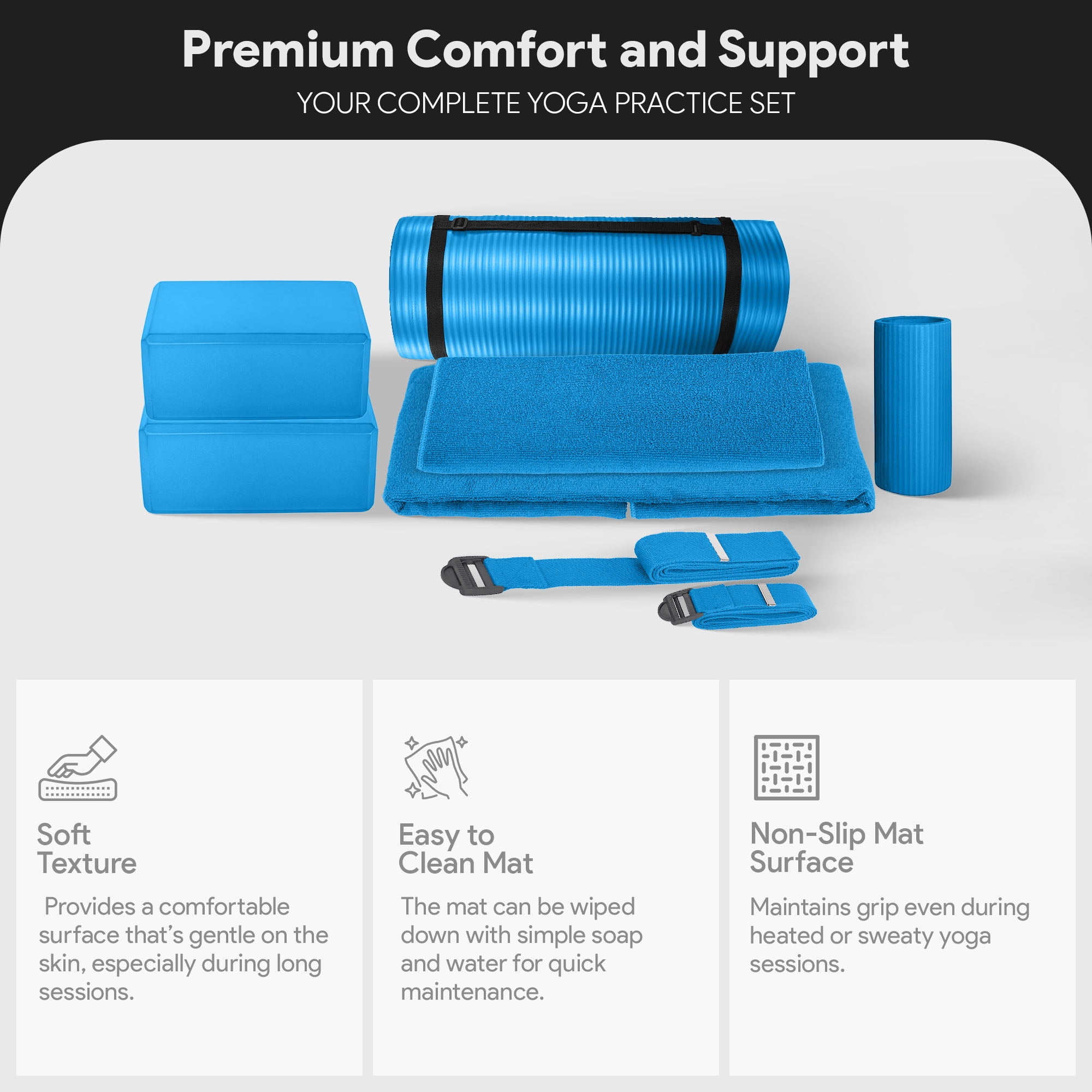 BalanceFrom Complete 7-Piece Yoga Set with 71” x 24” x 1” Extra Thick Mat, Blue
