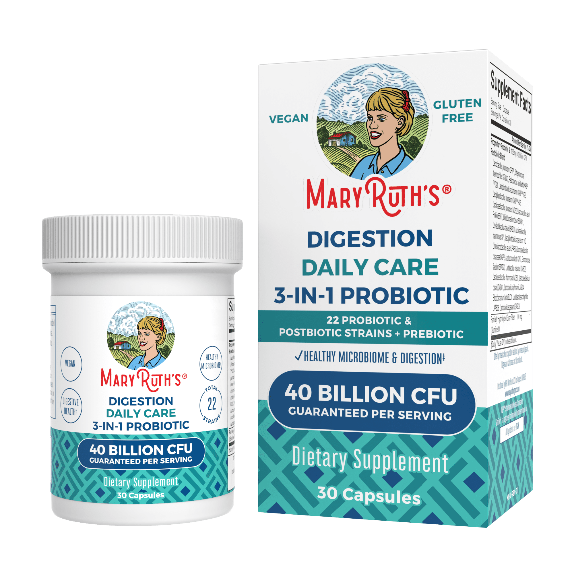 MaryRuth Organics 3-in-1 Daily Care Digestion Probiotic Supplement, 30 Capsules, Adult