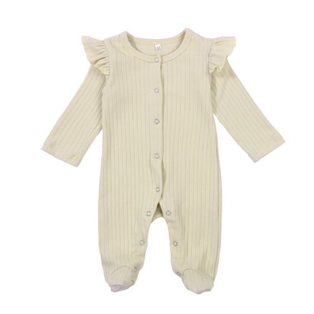 

jaweiw Newborn Baby Boy Girl One-Piece Romper Ruffle Long Sleeve Jumpsuit Footed Pajamas Onesies Ribbed Bodysuit
