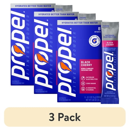 (3 pack) Propel Zero Sugar Black Cherry, On the Go Packs, Electrolyte Powder Drink Mix, 0.11 oz, 8 Count packets