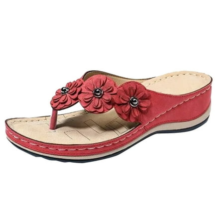 

Felirenzacia Women s Sandals Flowers Flat Round Head Comfortable Casual Flip-Flops Shoes