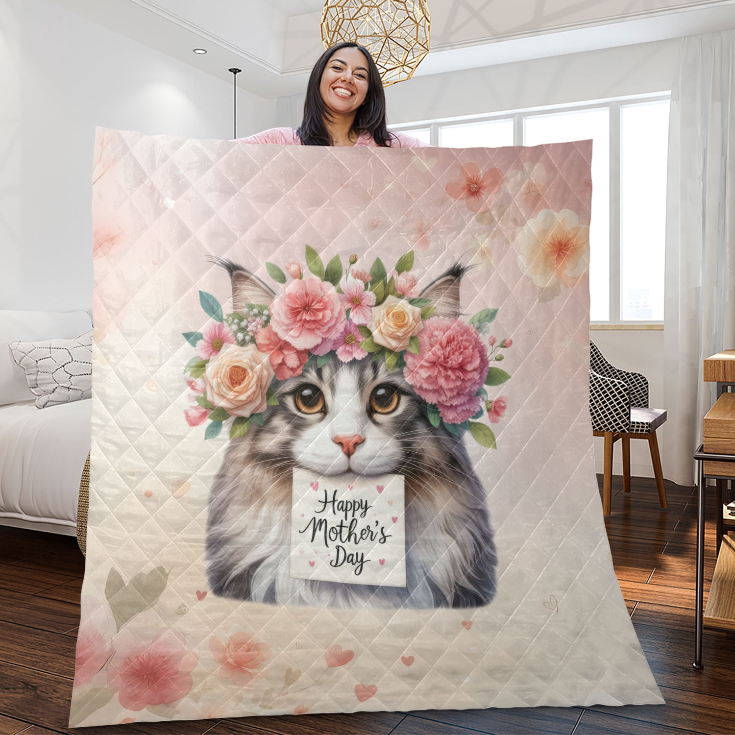 Happy Mother's Day Maine Coon with Flower Crown and Greeting Card Quilt Blanket Cat Lover Kitten Owner Gifts Cozy Comforter Throw Blanket - 13004