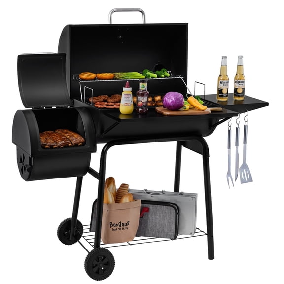 28-Inch Charcoal Grill & Offset Smoker with Fixed Side Table