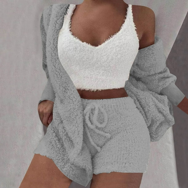 Conjunto de pijama de dos piezas de manga larga con capucha y chaquetas informales para mujer, de terciopelo de doble cara, con capucha, de manga larga, con pantalones cortos y chaqueta, abrigo y pant
