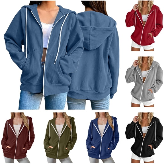 QATAINLAV Loose Fit Hoodies for Women Zip Up Long Sleeve Sweatshirts Jackets Solid Casual Ribbed Oversized Sweaters Fall Winter Outfits, Beige, XL