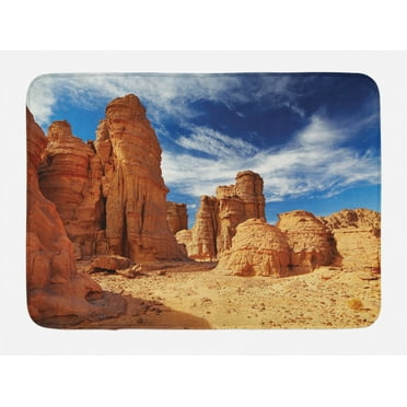 Desert Bath Mat, Bizarre Sandstone Cliffs in Sahara Desert Tassili N'Ajjer Algeria, Non-Slip Plush Mat Bathroom Kitchen Laundry Room Decor, 29.5 X 17.5 Inches, Navy Blue Mustard Orange, Ambesonne