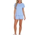 thumbnail image 2 of INSPIRE CHIC Women's Lounge Set Soild Sleepwear Short Sleeve Top and Shorts Pajama Set with Pockets L Blue, 2 of 5