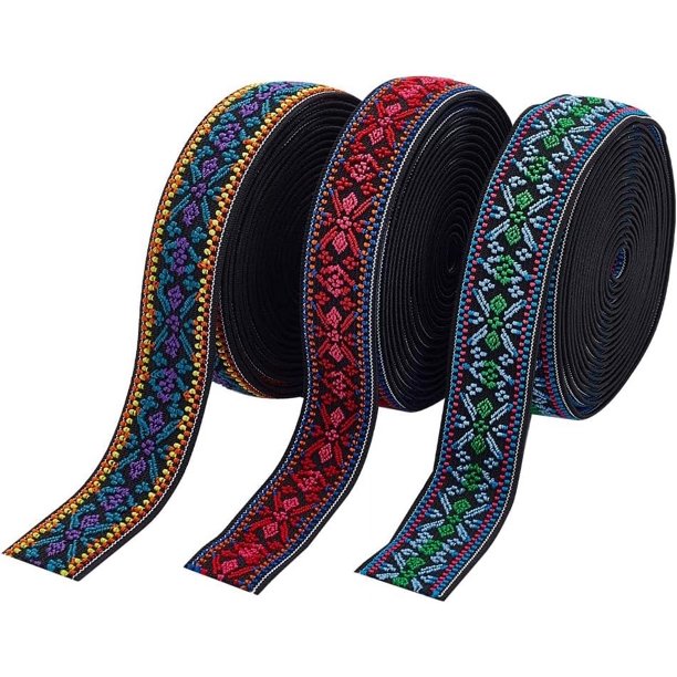 Cinta elástica jacquard de 9 yardas en 3 colores, adorno étnico bordado, cinta jacquard boho, adorno de tela tejida vintage