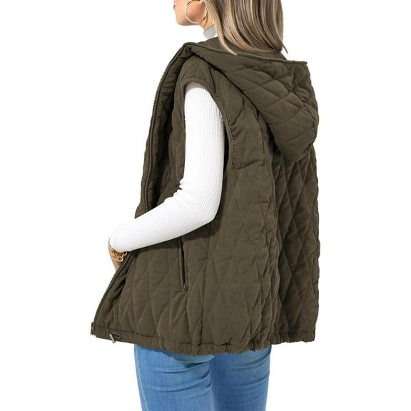 HOZADOIE Vest Tops For Women Puffer Vest Casual Sleeveless Hooded Zip Up Jacket Quilted Winter Coat Jacket With Pockets