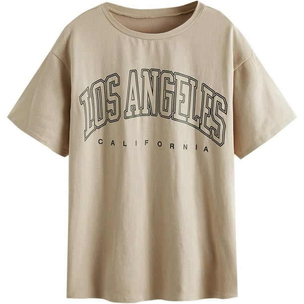 playera larga de gran tamano con estampado de letras y hombros caidos para mujer Caqui CH Caqui CH Xishao ropa Bodega Aurrera en linea