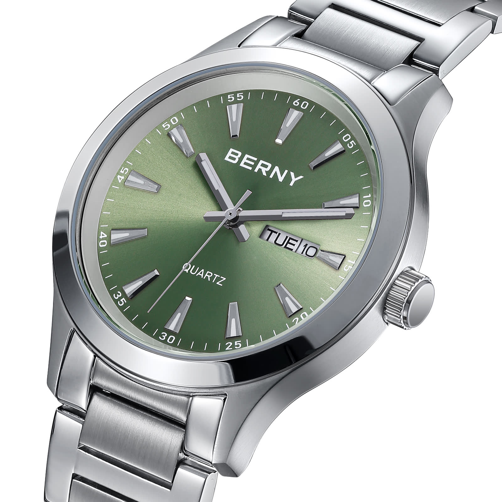 BERNY Quartz Watch for Men, Fashion Sports Wrist Watches with Solid Stainlesss Steel Case & Band, Date & Day Calendar, Casual Waterproof Men's Watches, Green