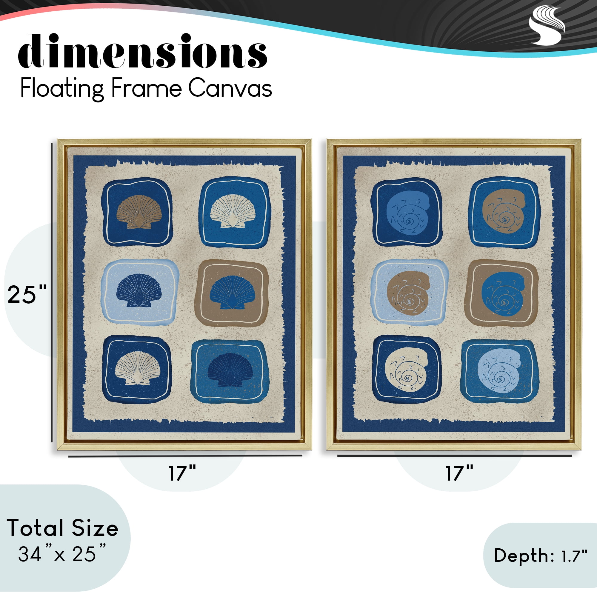 Stupell Industries Blue Blocked Seashells 2 Piece Gold Framed Floater Canvas Set, design by Julia Frost