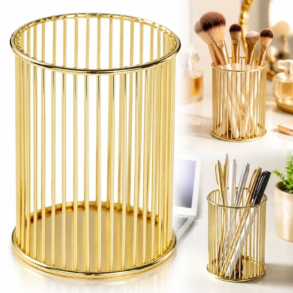 Gold Metal Pen Holder for Desk, Makeup Brush Organizer Cup, Modern Office Desk Organizer with Weighted Base, Pencil Holder for Home Office & Vanity, Elegant Storage for Pens, Brushes, Utensils