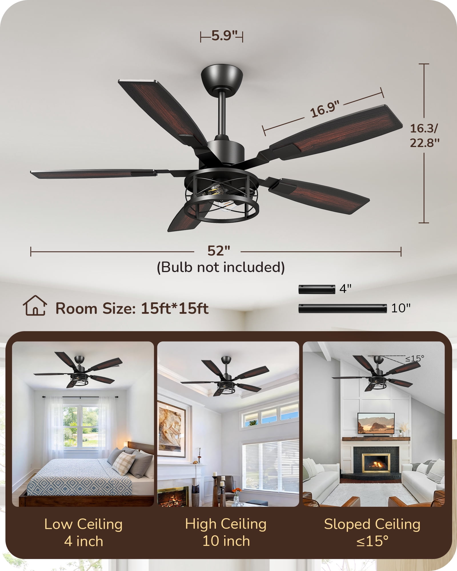 EDISHINE 52" Farmhouse Ceiling Fan with Light and Remote Control, Brown, 5 Wood Blades, Rustic Farmhouse Ceiling Fan with Light for Living Room, Bedroom, Wet Rated