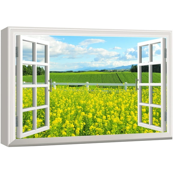 wall26 Canvas Print Wall Art Window View of Yellow Poppies & Field Nature Wilderness Photography Realism Rustic Scenic Colorful Relax/Calm Ultra for Living Room, Bedroom, Office - 24"x36&quo