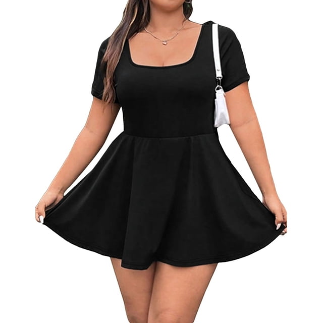 Robe Courte pour Femme à Encolure Carrée, Manches Courtes, Ourlet à Volants, avec Short Intégré, Noir, m
